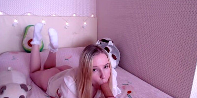 Once she was done gargling a XXL fake penis, tasty female commenced railing it on web cam