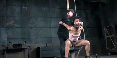 Ebony doll is bellowing from delectation while being bound up, taut and being coerced to jism