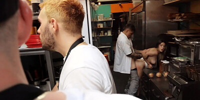 Juicy girl is fucked by a horny cook in the kitchen