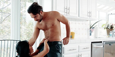 Long-haired Asian widow chooses kitchen as a place for fuck