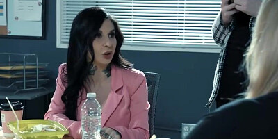 Aliya Brynn and Joanna Angel are having a ffm theesome at work with a fabulous, tatted counterpart