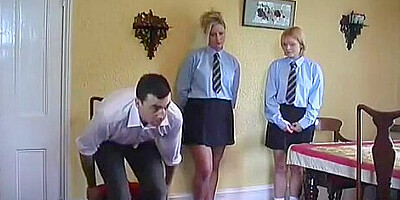Two teens spanked,strapped,and caned on their barebottoms by horny teacher