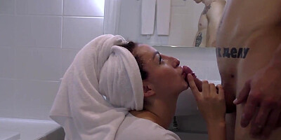 Lusty dame was deepthroating her paramour's stiffy right after she was finshed having a douche