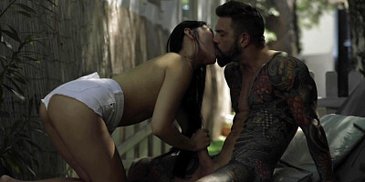 Lovely Asian girl with no tits shagged by tattooed stallion