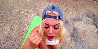 Slutty blonde with big tits taking dude's rod on the street