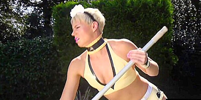 Femdom latex mature maid cowgirl rides her submissive boss