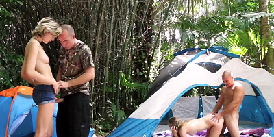 Alyssa Cole & Haley Reed switch daddys & get fucked outdoors in a tent