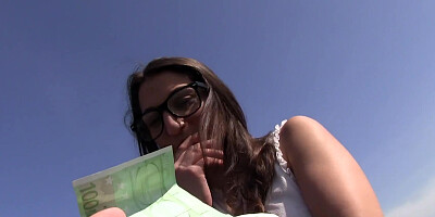Jimena Lago rides a dick in public & gets a load over her glasses