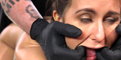 Bound brunette beauty whipped and gagged with dildo