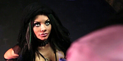 Dark-haired beauty Riley Steele rewards bald-headed guy with a nice blowjob