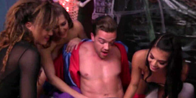 Three kinky sluts riding and sucking a big dick in MFFF