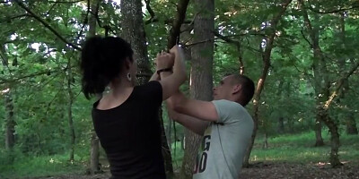 Fetish game in forest ends for boy with blowjob from tall GF