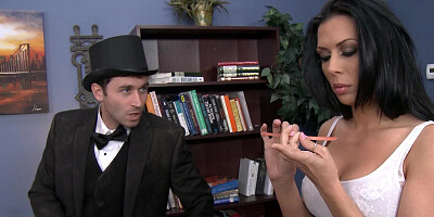 Black haired woman is getting penetrated in the office by her partner