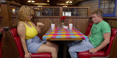Busty waitress cock-teases a guy and rides his hard cock