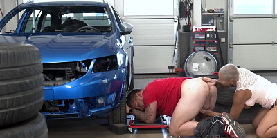 Short-haired blonde licks dude's ass and fucks in the garage