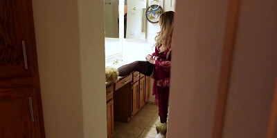 Stepmom prepares for bed while stepson masturbates