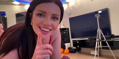 Huge-Boobed brown-haired is in the mood to fellate manmeat while her boyfried is frolicking flick games