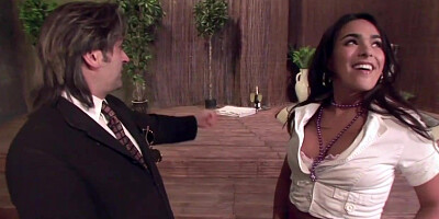 Diminutive breasted black-haired in fishnet stocking, Hazel Dew is about to get pummeled firm, from the back