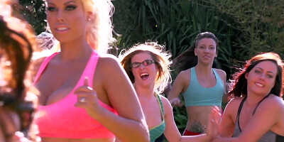 Three busty pornstars chasing & banging one lucky guy