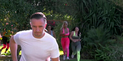 Three busty pornstars chasing & banging one lucky guy