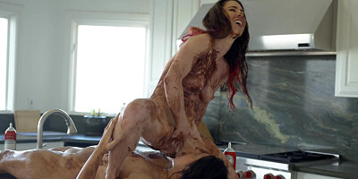 Messy kitchen lesbian XXX scene with Serena Blair and Leda Lotharia