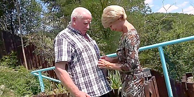 Old Fat Fucker Finds Hot Pussy To Bust His Nuts