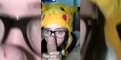 Trampy black-haired with glasses is gargling rod as deep as she can, just for joy
