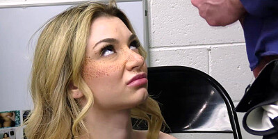 Demi Hawks on her knees to suck officers cock