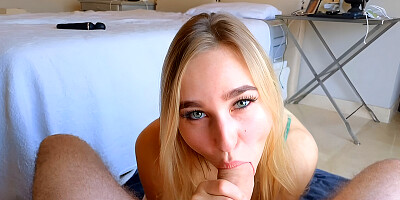 Tiny Blonde on her Knees to Taste Huge Hard Dick