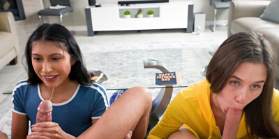 Group sex with young cuties Kourtney Rae and Penelope Woods