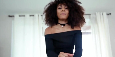Petite Ebony seductress blows and takes big dick into smooth cunt