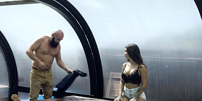 Seductive chick dancing around before pool screwing