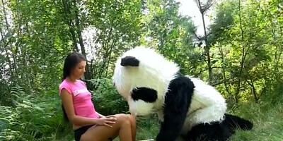 Sex in the woods with a huge toy panda