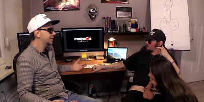 Chick sucks boy in studio while friend humps charmer in he bus