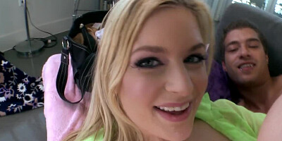 Blonde with large tits and a hairy pussy licks a large sex toy