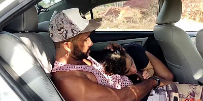 Enthralling Latina honey is humping on the back seat of her van with stranger who helped her