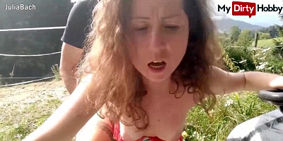 Lusty first-timer female is about to have impressive hump in the nature, during the day