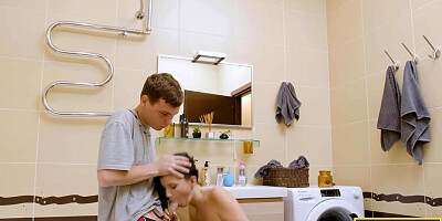 Pretty teenager dark haired with petite melons is providing fellatios to her step- brutha, before pummeling him