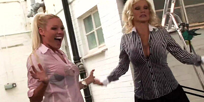 Cindy Behr busty threesome with Sharon Pink fucks her man well