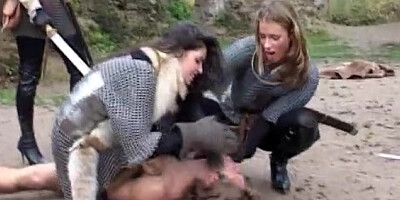 Medieval slave spitted kicked & smeared out outdoors by three femdom