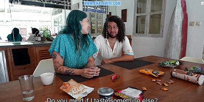 They enjoy Asian snacks and then she tastes his cock - French Vlog Fuck on the Table