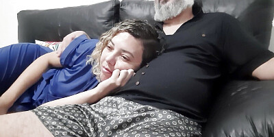 Stepmother ends up falling resting on her stepson',s lap and he sticks his dick in her mouth until he cums