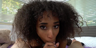 Curly-haired ebony Riley King rides white pecker in POV