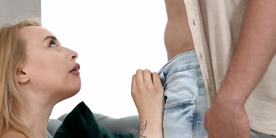 Inked blonde cutie blows man and gets spanked during steamy sex