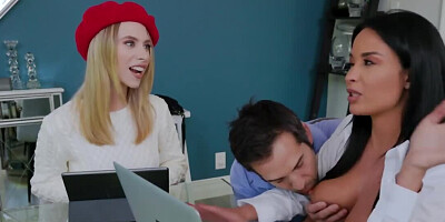 Stallion has a threesome with blonde GF and brunette stepmom