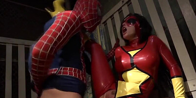 Spider-man lets the slutty heroine take care of his bulge