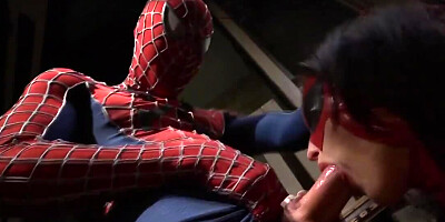 Spider-man lets the slutty heroine take care of his bulge