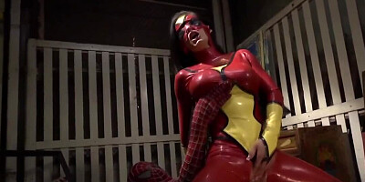 Spider-man lets the slutty heroine take care of his bulge