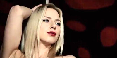 Marvelous, platinum-blonde stripper in glamour, crimson costume is fingerblasting her gash and butt on the stage