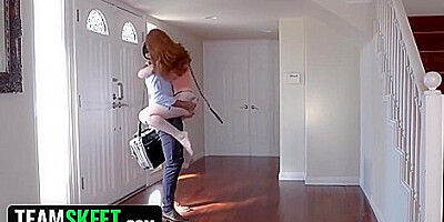Submissive Redhead With Huge Tits Welcomes Her Husband With A Leash On